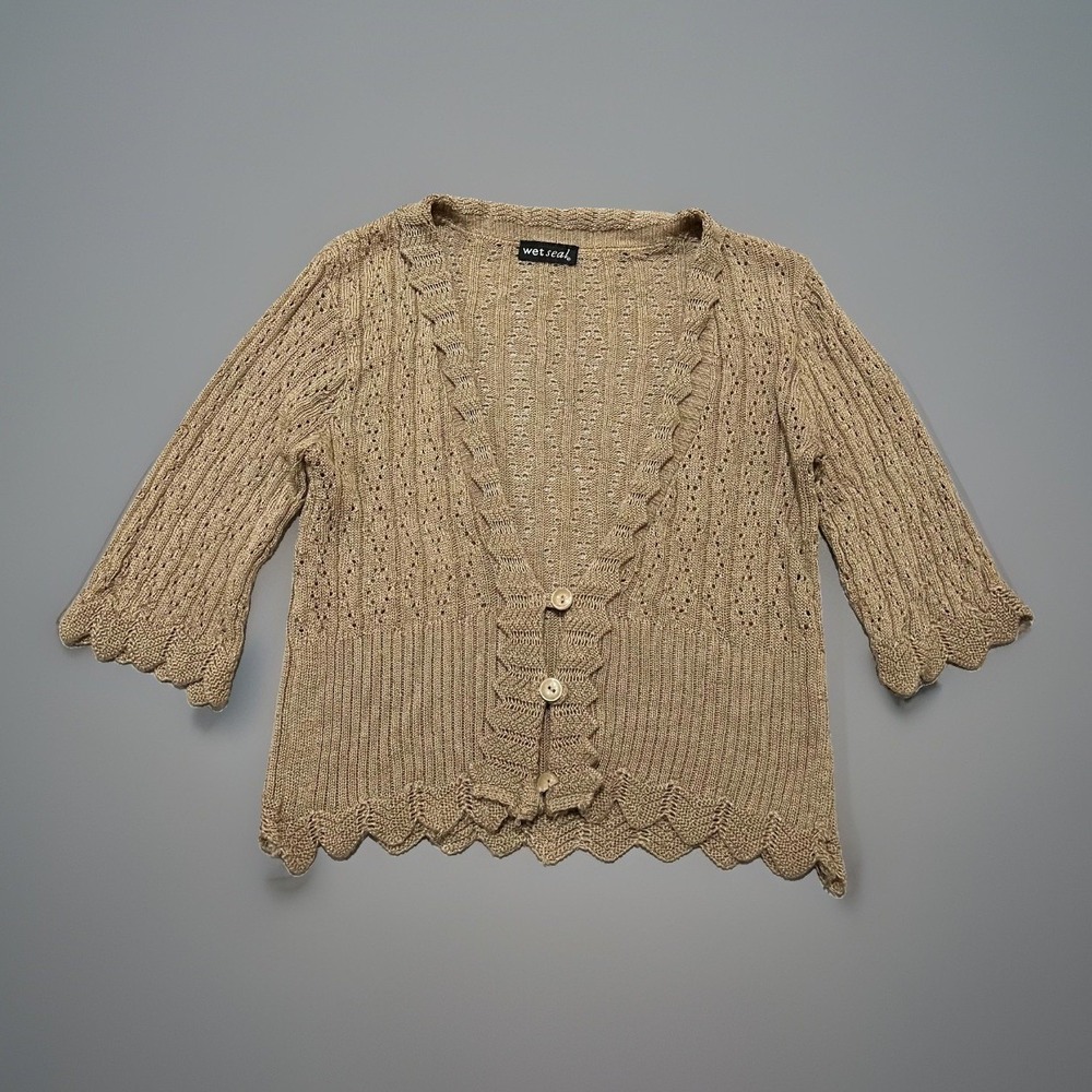 Vintage Wet Seal Womens Tan Knit V-Neck Half Sleeve Button Up Cardigan Size S
